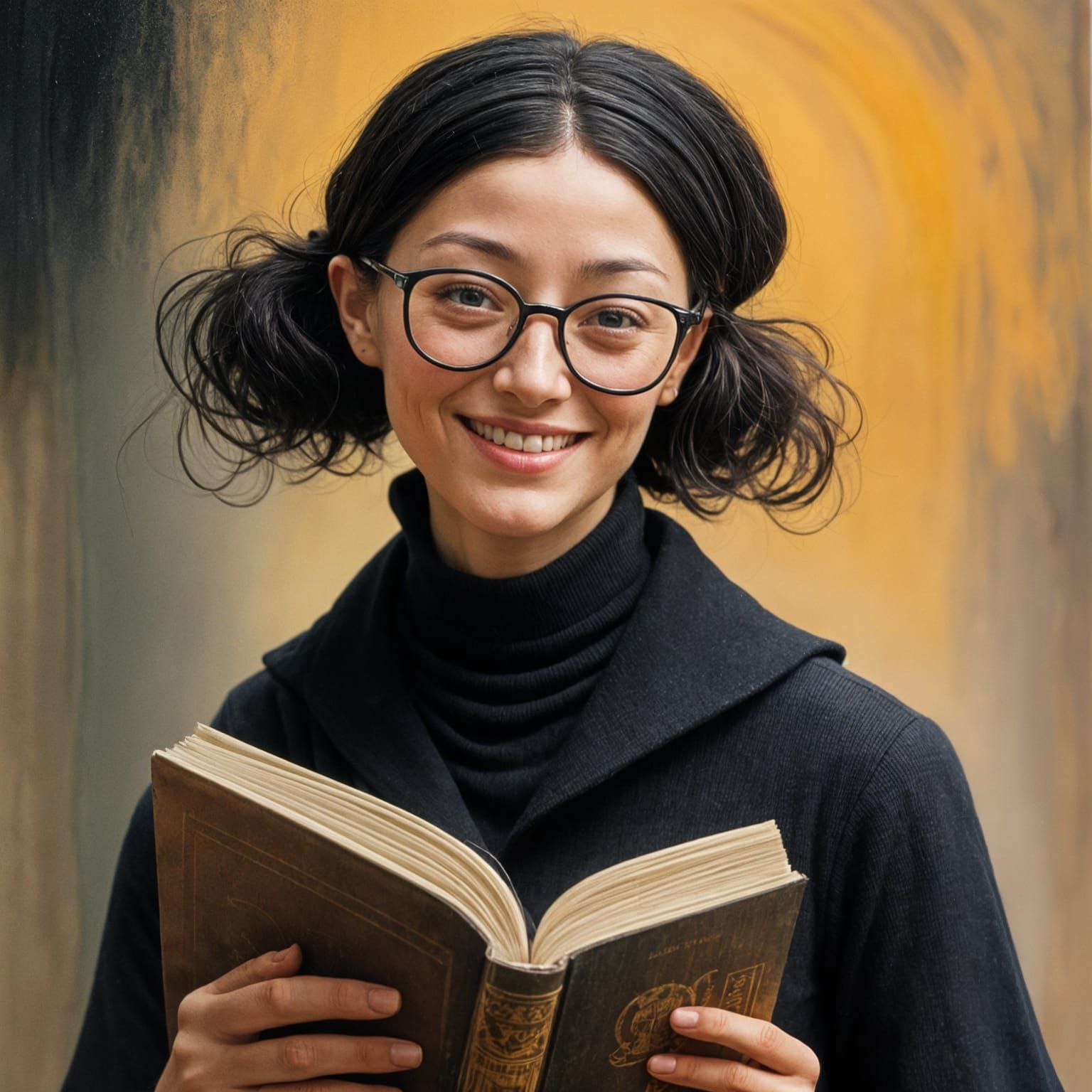 Smiling Woman with Book in Dark Medieval Style