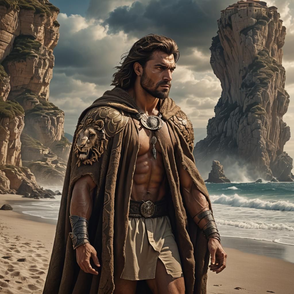 Hercules on a Mediterranean Beach in Detailed Digital Art