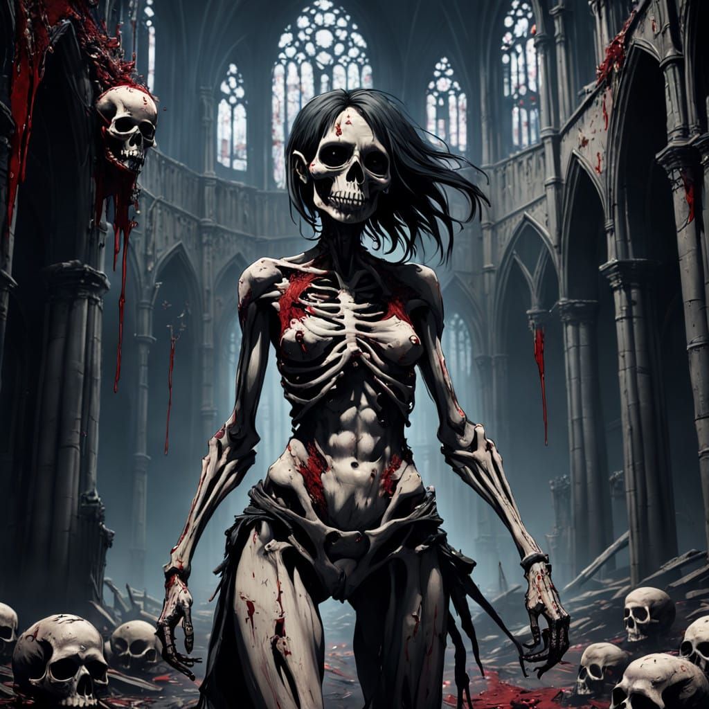 Gothic Female Monster in a Dark, Medieval Cathedral Backgrou...
