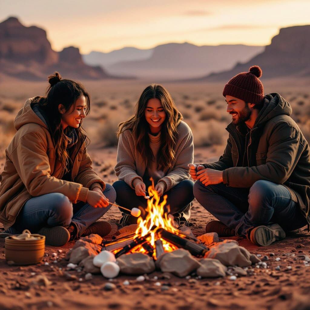 Young Friends Share Stories Around Campfire on Mars