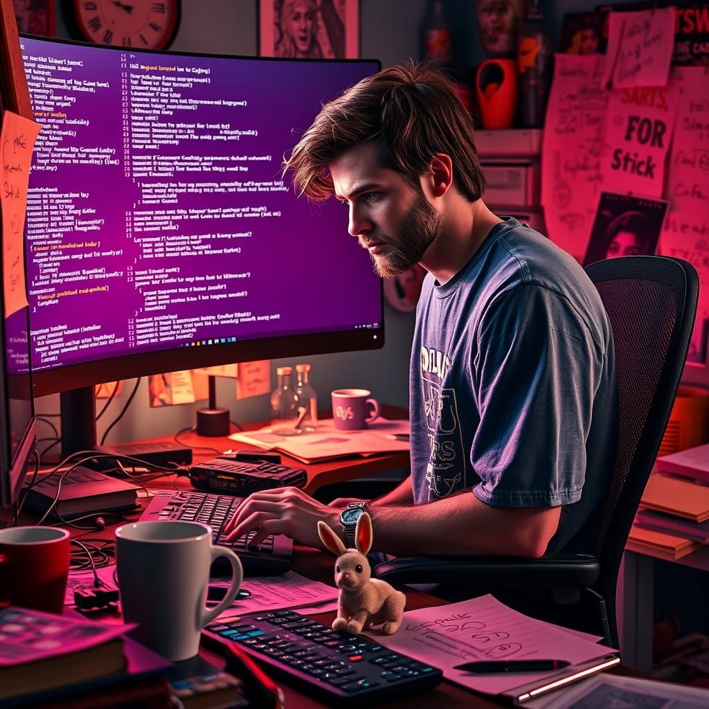 Focused Developer in Cluttered Workspace, Digital Art