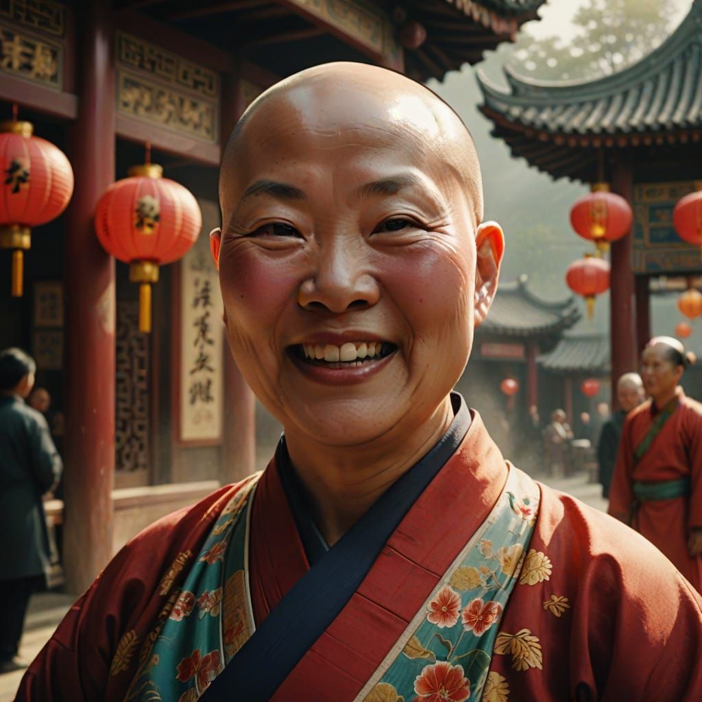 Joyful Chinese Woman in Traditional Dress: Hyperrealistic Po...