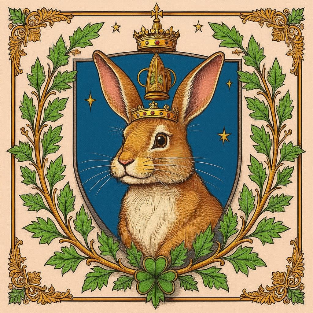Regal Rabbit King's Crest with Symbols of Loyalty and Luck