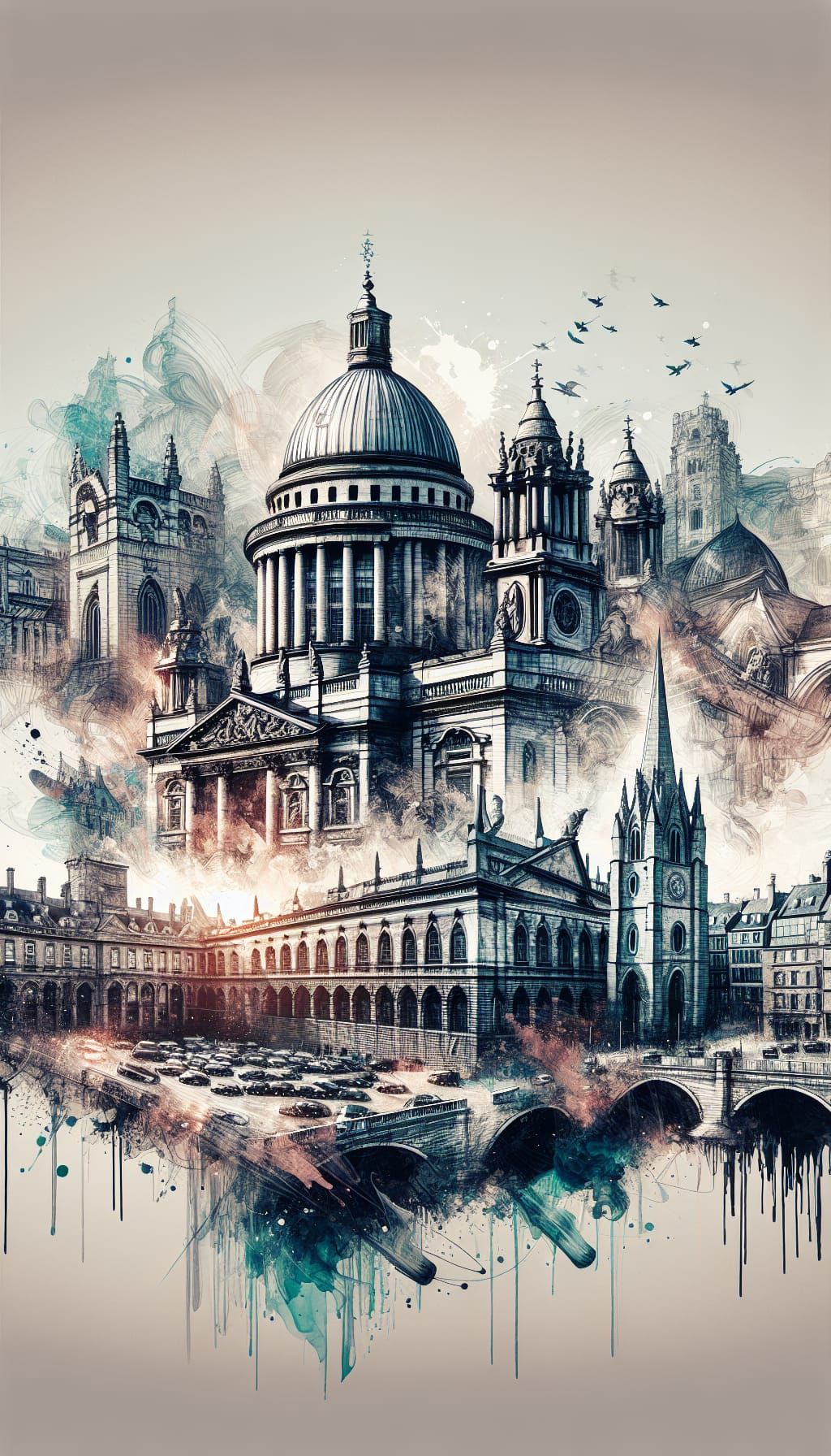 Dublin Landmarks Double Exposure in Ink Art Style