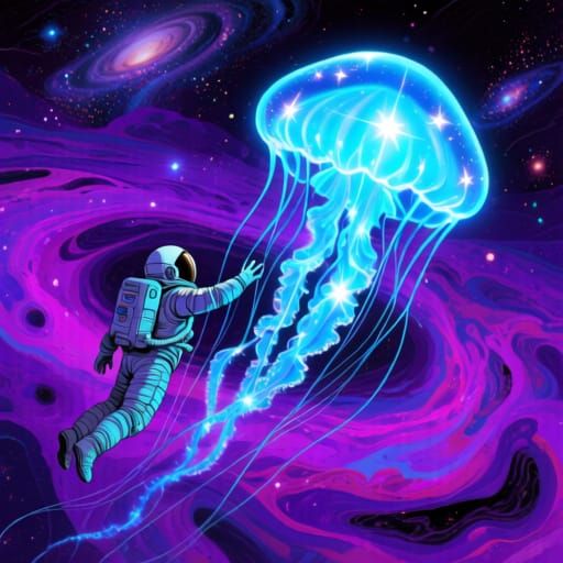 Astronaut Reaches Starlight Jellyfish in Cosmic Nebula