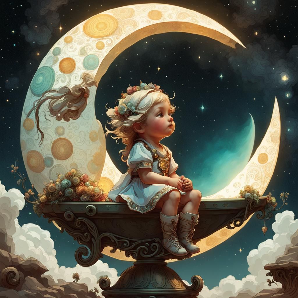 Toddler on Moon: Rococo-Inspired 3D Render