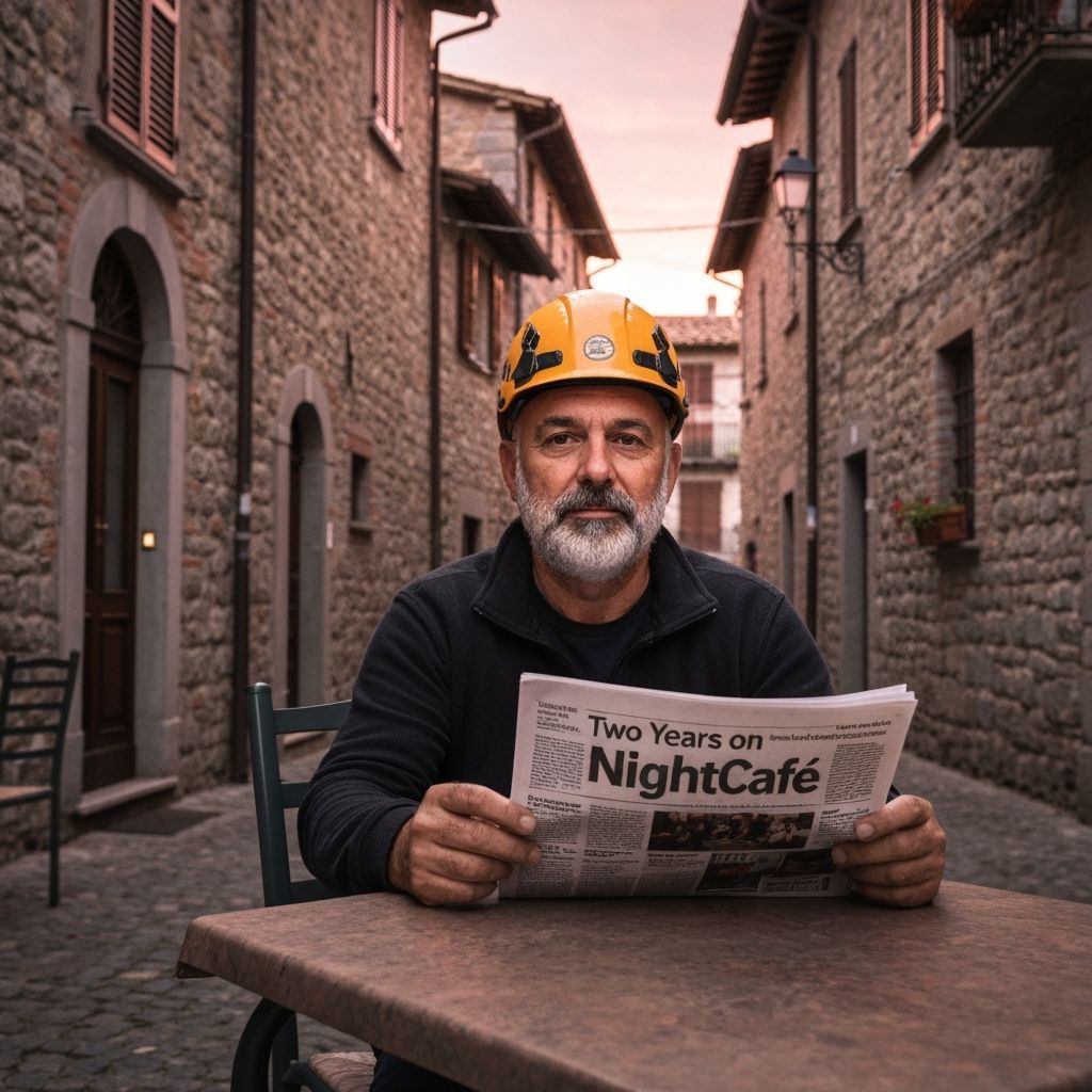 Geologist Reads Newspaper at Italian Cafe at Sunset