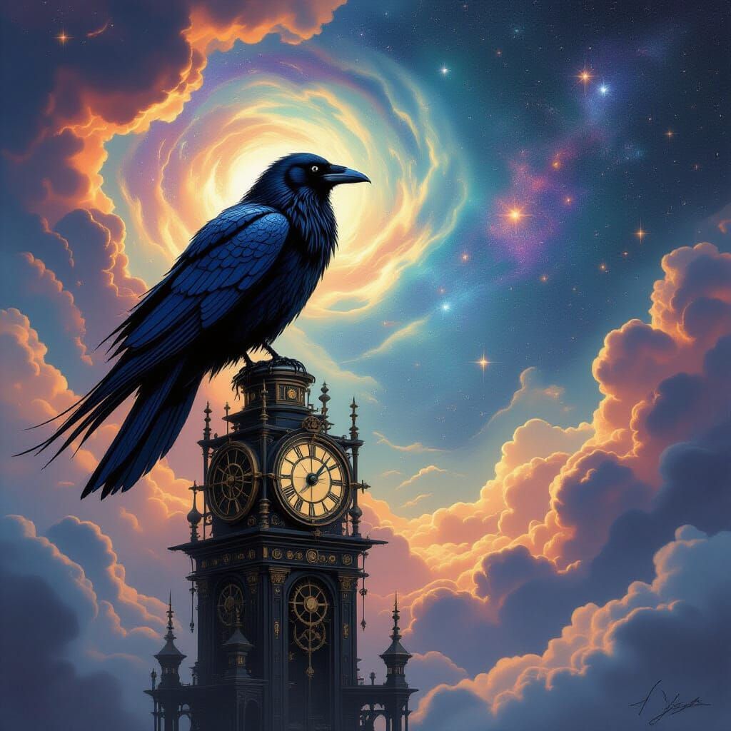 Clockwork Raven Contemplates Steampunk Cosmos
