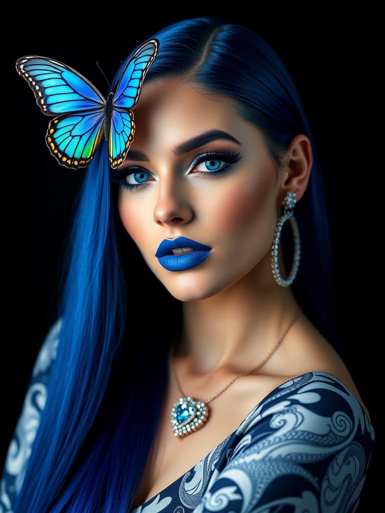 Stunning Portrait in Renaissance Style with Azure Hair and B...