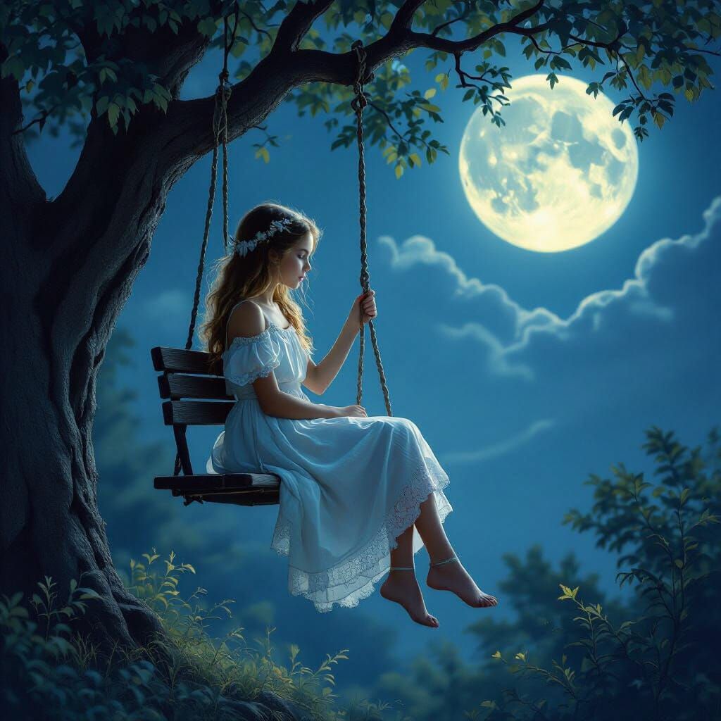 Ethereal Girl on Swing in Moonlight, Fantasy Style