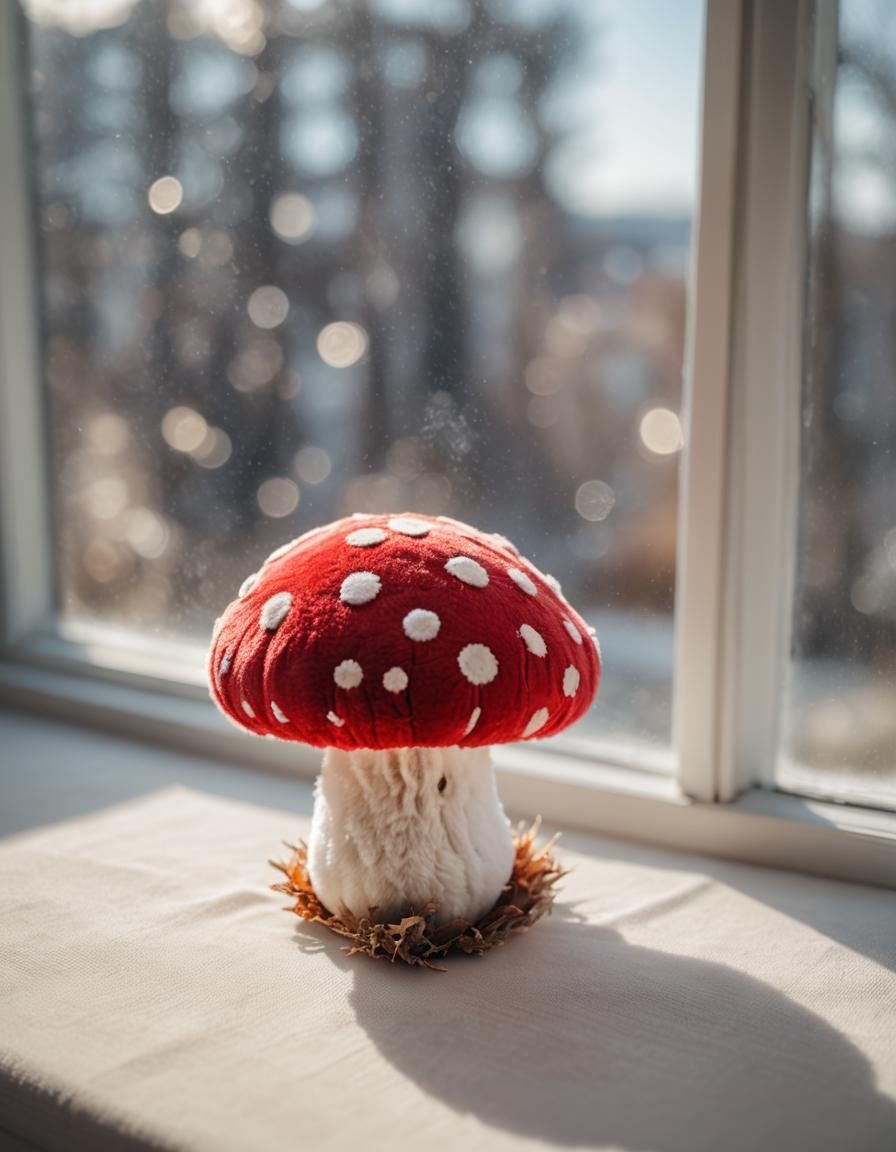 Cute Mushroom Plushie on a Windowsill