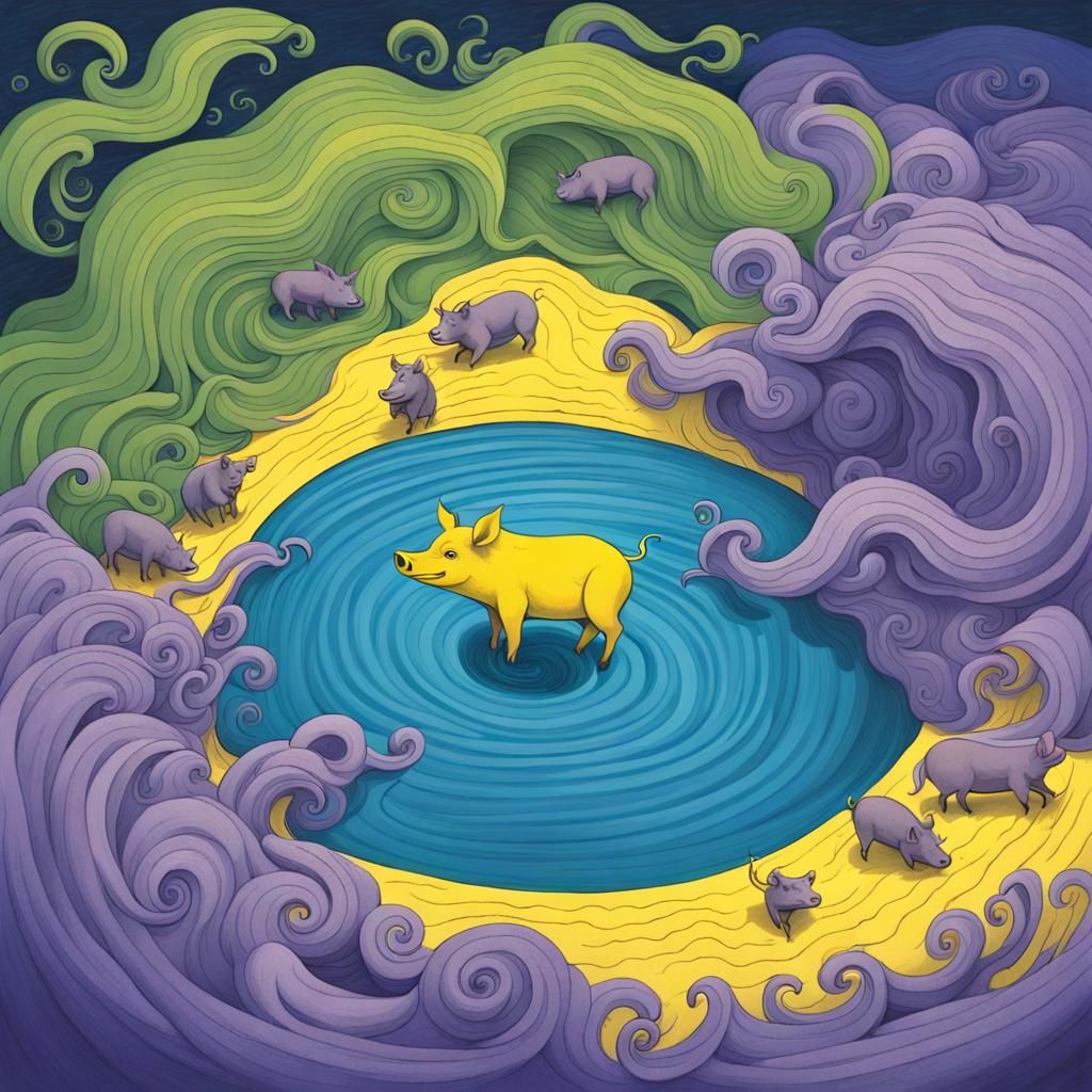 Whirlpool with Pig in Naive Art Style
