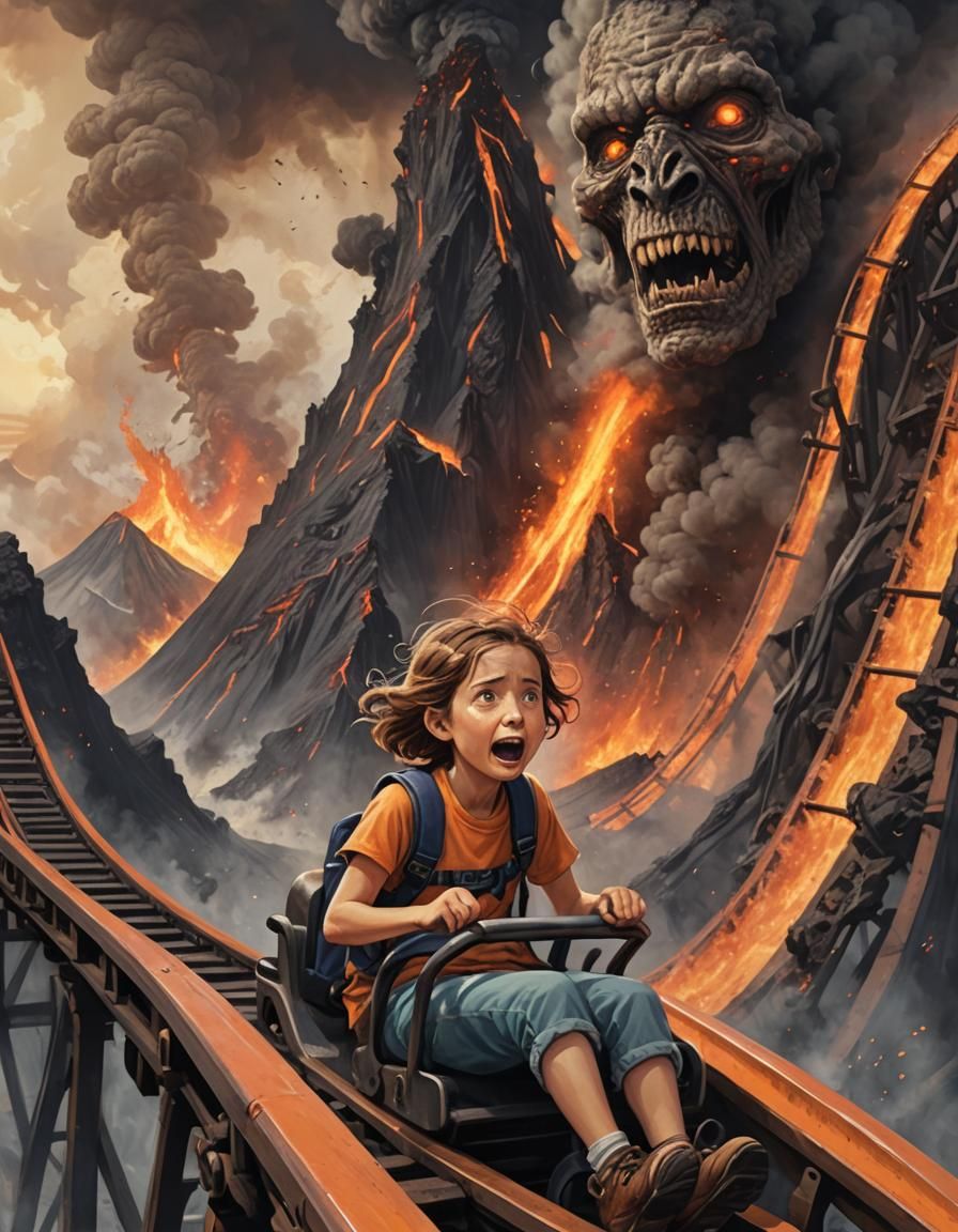 Girl on Roller Coaster Approaching Fiery Volcano