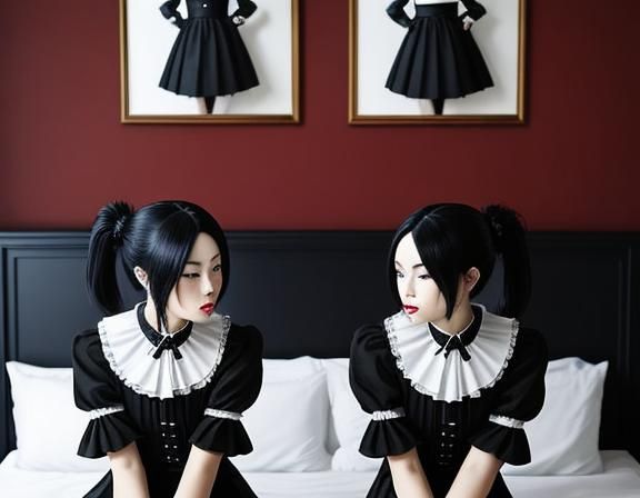 Gothic Twin Kitsunes Kissing in Bedroom