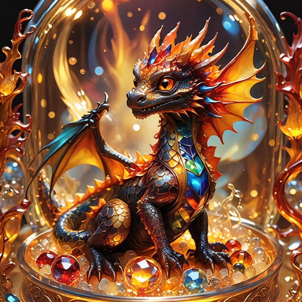 Fiery Baby Dragon in Glass Box: Digital Art