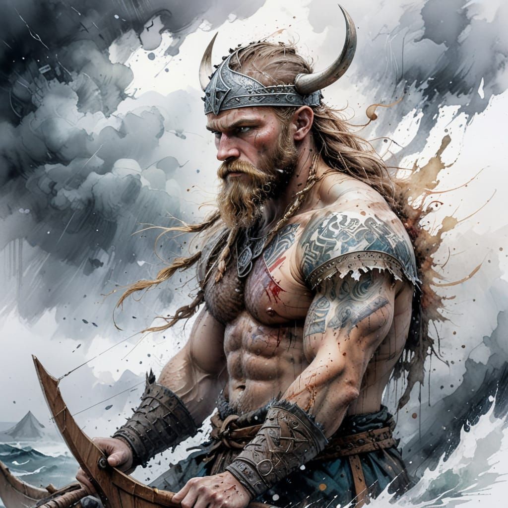 Viking Longship Rides Stormy Seas in Watercolour Style