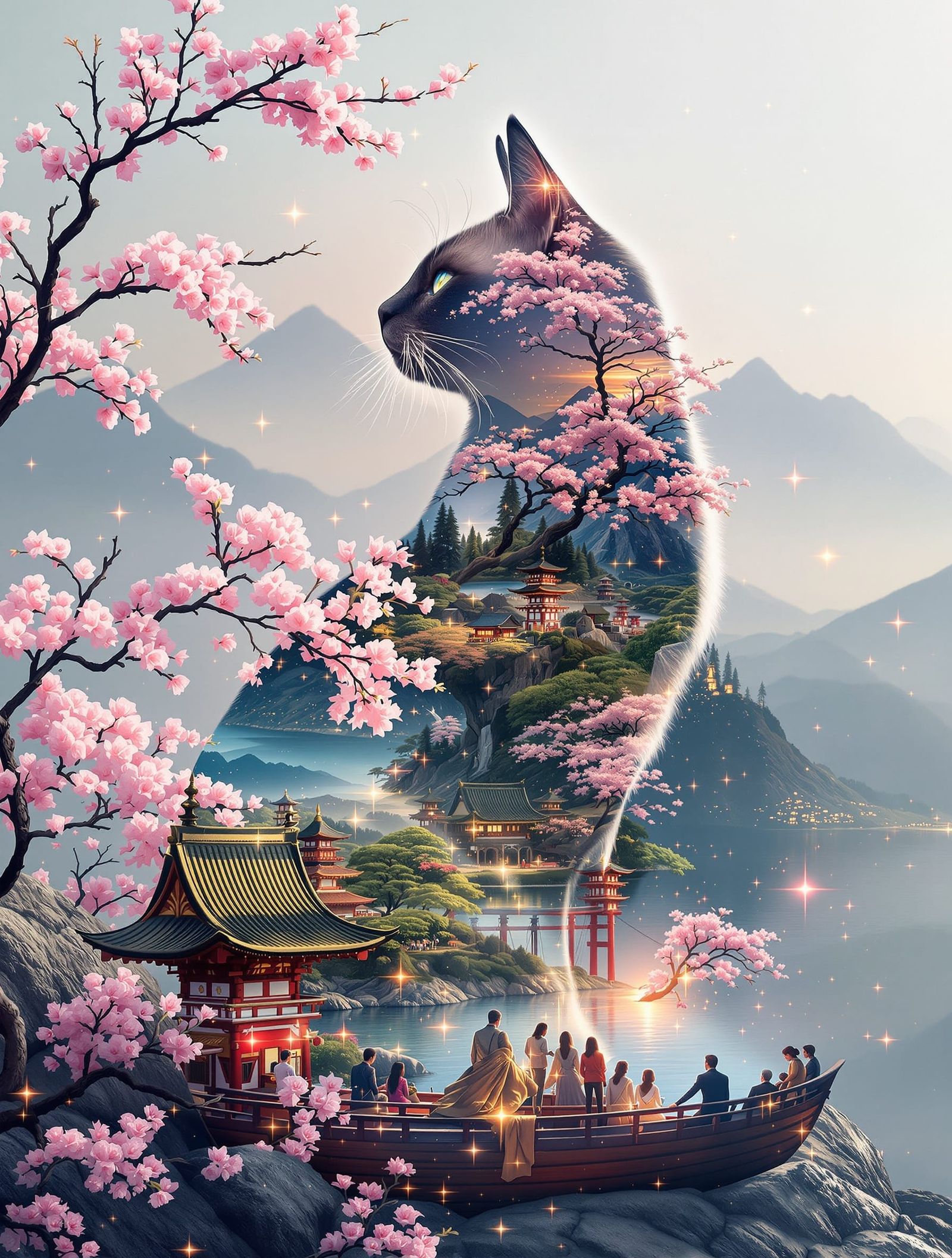 Surreal Siamese Cat Dreamscape with Japanese Landscape