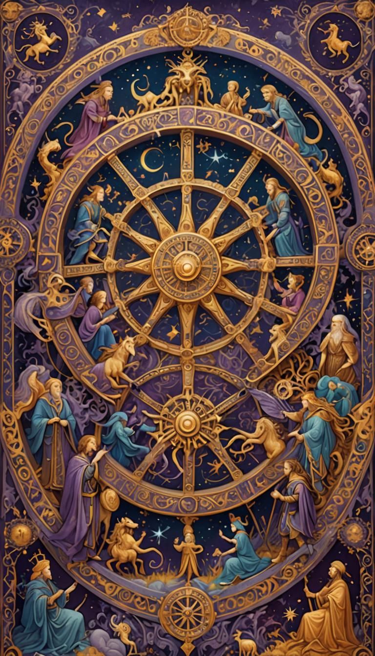 Ornate Wheel of Fortune Tarot Card Illustration