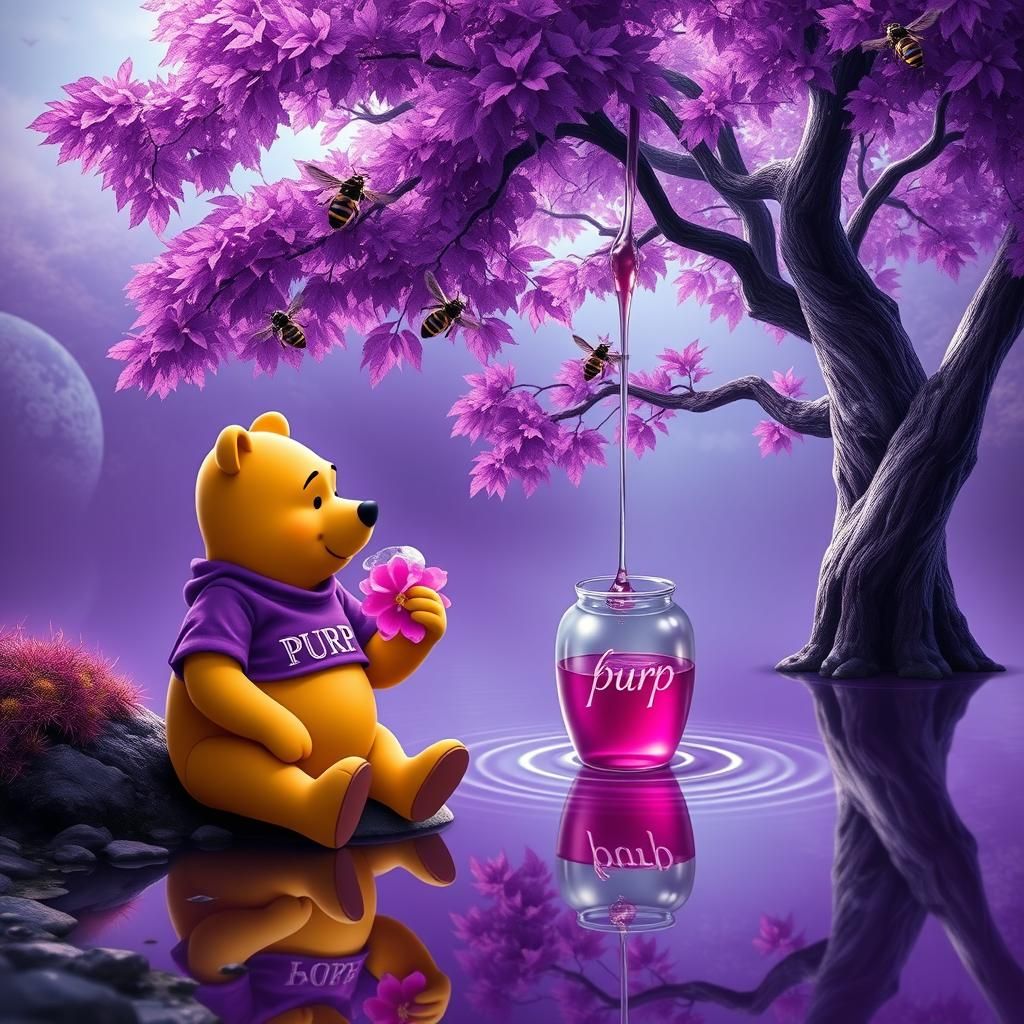 Winnie the Pooh in Purple Fantasy Landscape