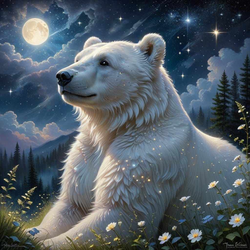 Angelic White Bear Gazes at Starry Night Sky