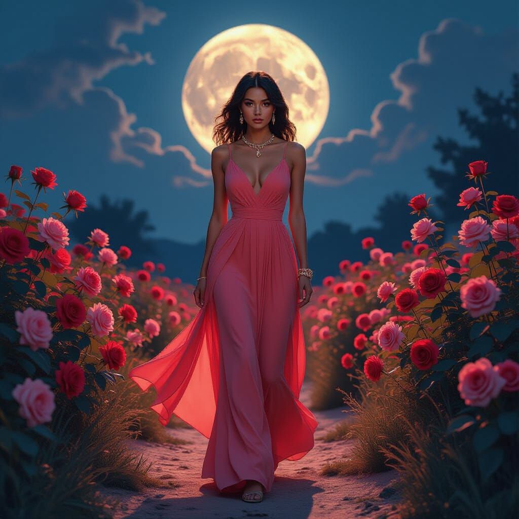 Moonlit Woman in Autumn Forest, Surreal Style