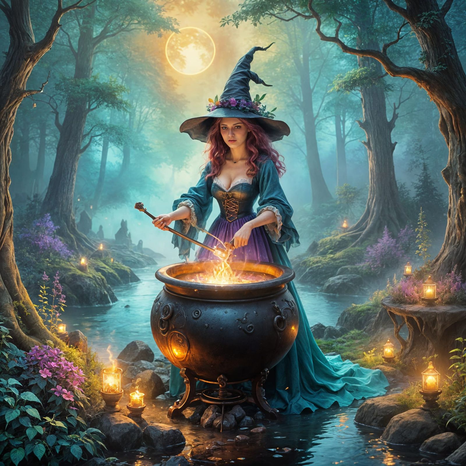 Enchanted Forest Cauldron Scene in Dramatic Fantasy Illustra...