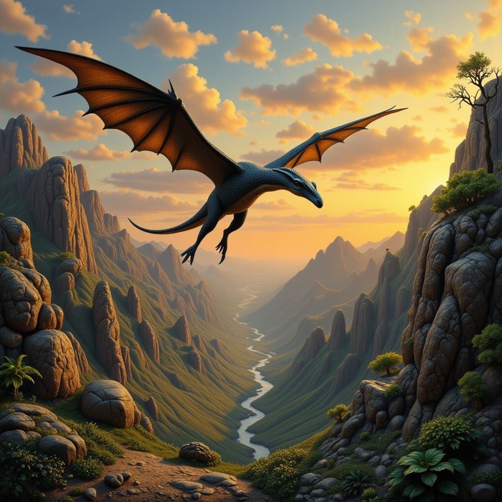 <lora:QUIRKY QUILT:1.0> <lora:SHADOW HILLS:1.0> <lora:GOLDEN EMPEROR:1.0> A pterodactyl soars over a prehistoric canyon
