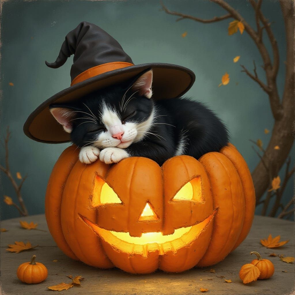 Tuxedo Kitty Witch Sleeps in Glowing Jack-o'-lantern