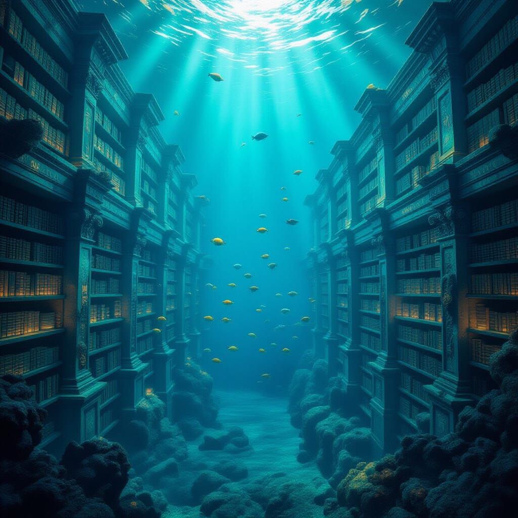 Submerged Ancient Library With Glowing Scrolls and Biolumine...