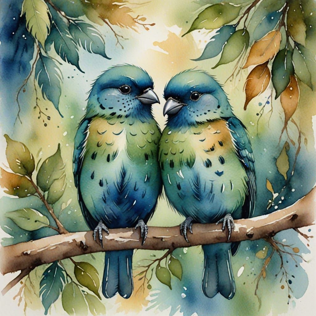 Whimsical Watercolor Portrait of Two Birds in Love