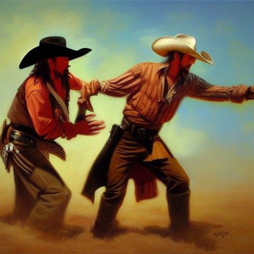 Cowboy Versus Pirate: Oil Painting Battle Scene