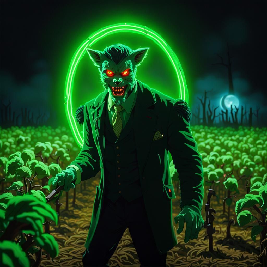 Glowing Neon Horror Rougarou in Cotton Plantation