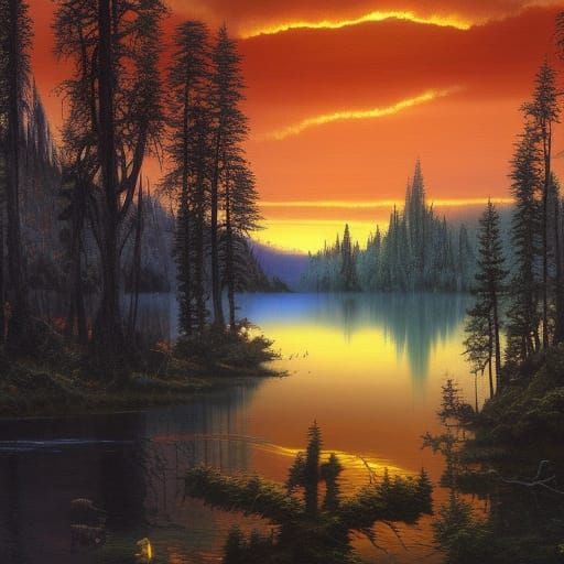 Contrasting Trees in Lake at Sunset: Oil Painting