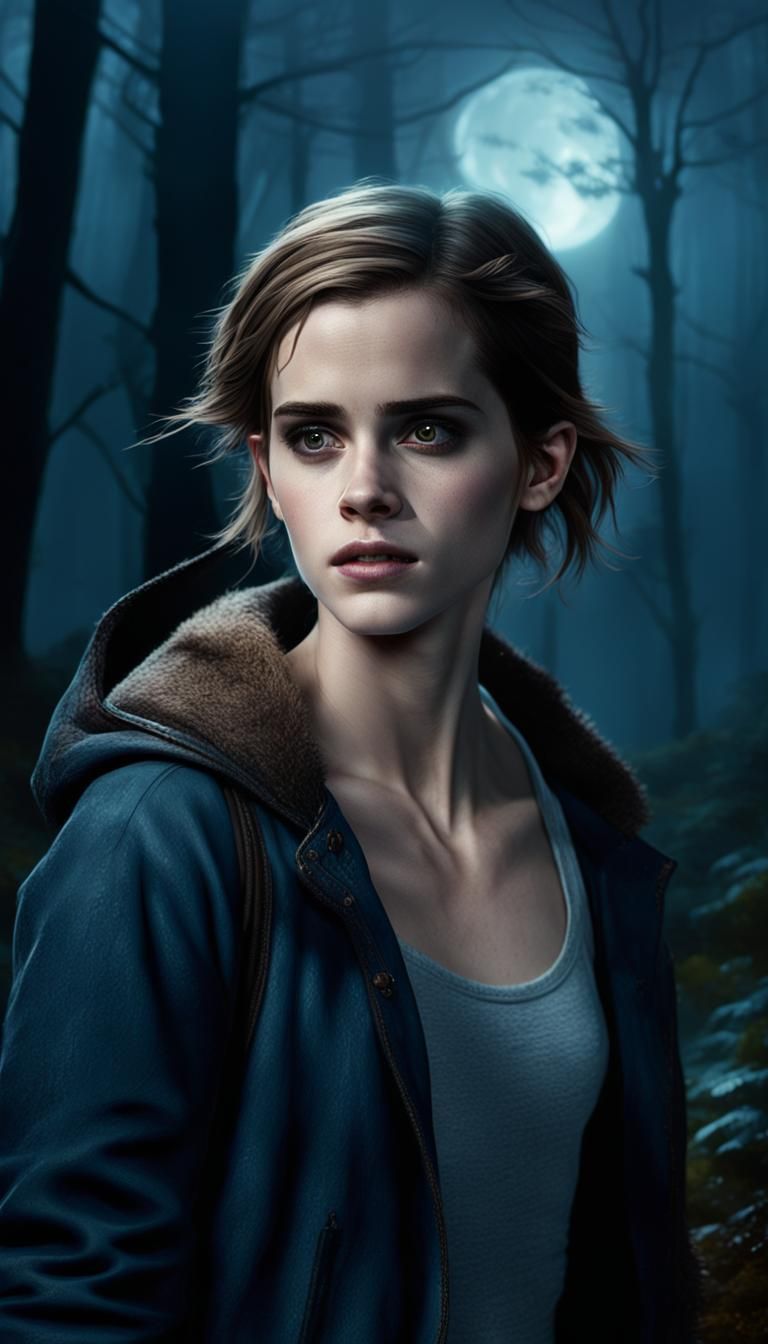 emma watson in misty woods at night