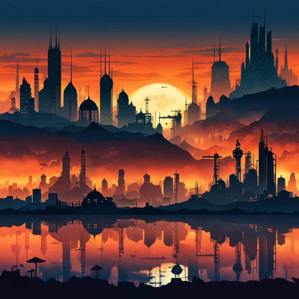 Sci-Fi City Silhouette at Sunset in Vector Style