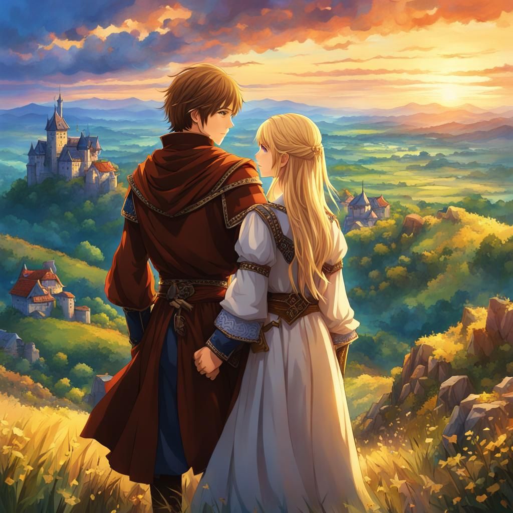 Anime Siblings Gaze at Dawn in Fantasy Landscape