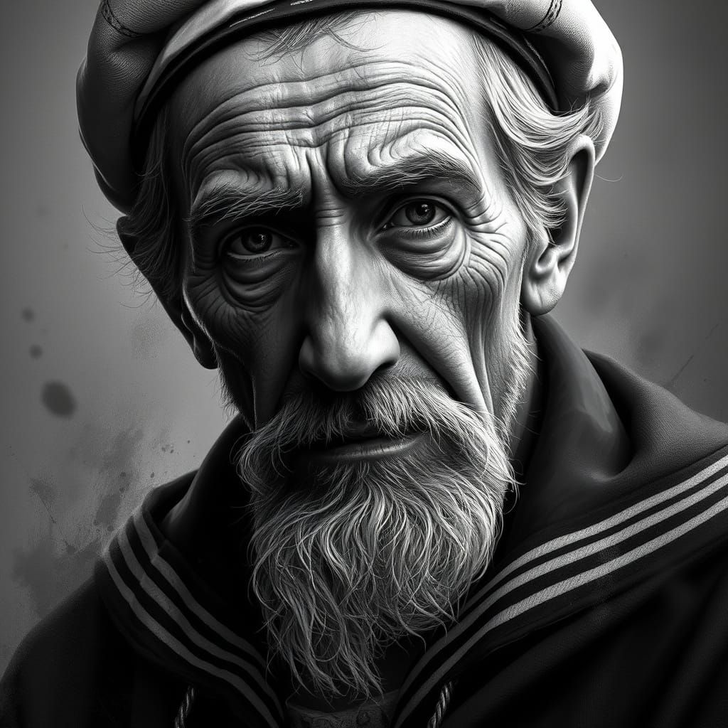 Majestic Old Sailor in Black and White Portrait Art