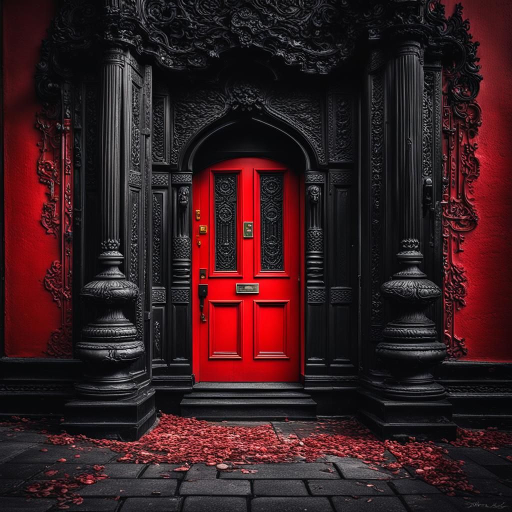 Hyperrealistic Red Door with Moody Lighting