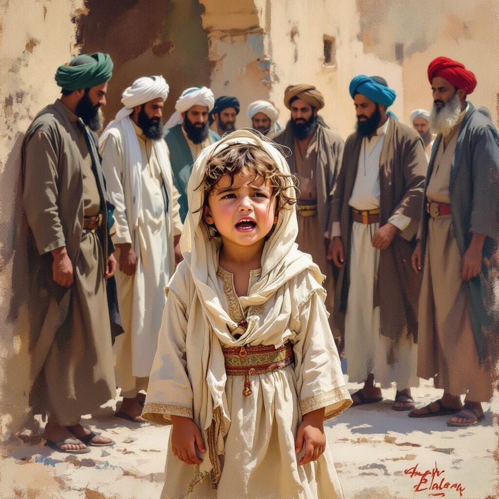 Islamic Era Child Crying in Middle Eastern Scene