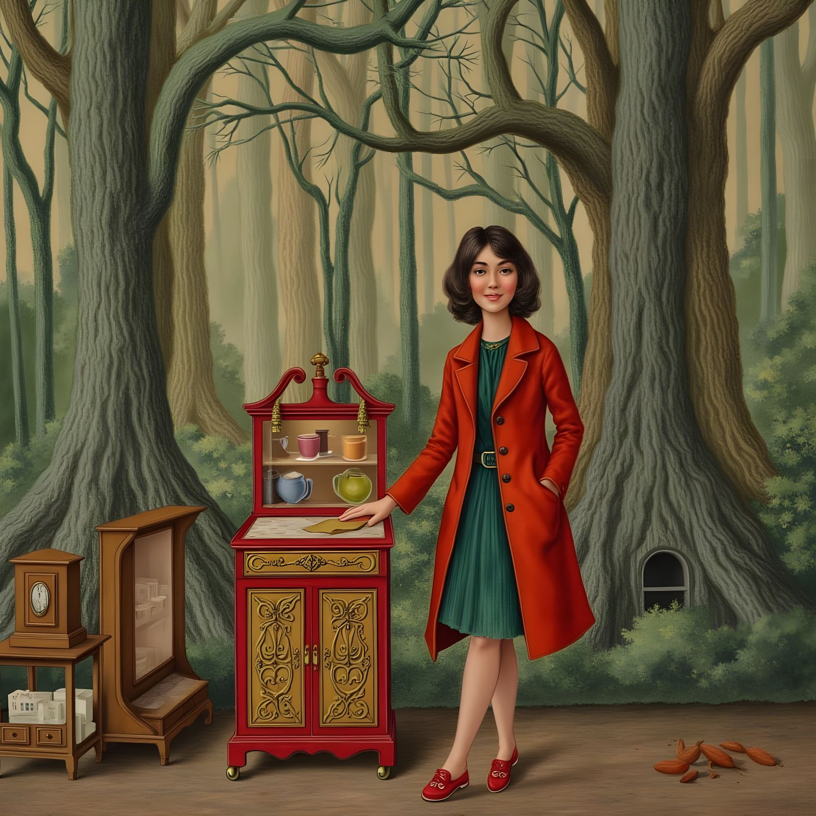 Whimsical Woman in Vibrant Cabinet Escalator Scene