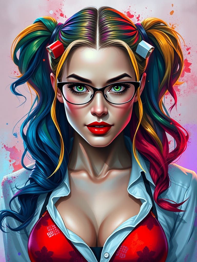 Vibrant Digital Painting of Harley Quinn in Bold, Abstract S...