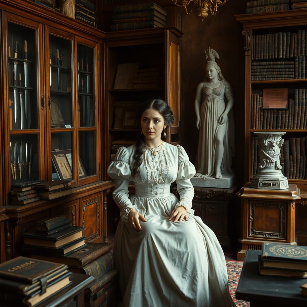 Victorian Woman in Study with Ancient Artifacts