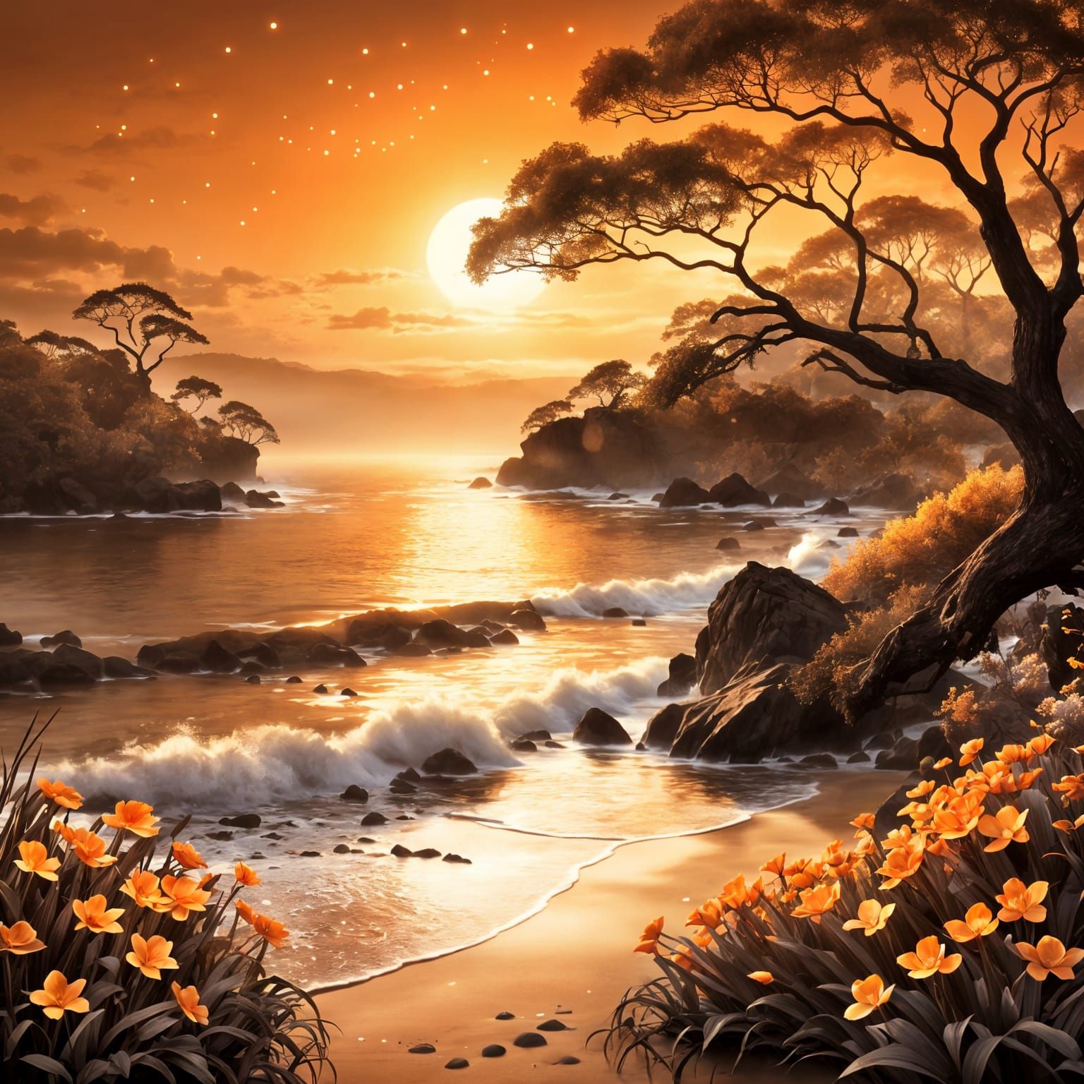 Orange Sepia Sunset Seascape with Magical Mist