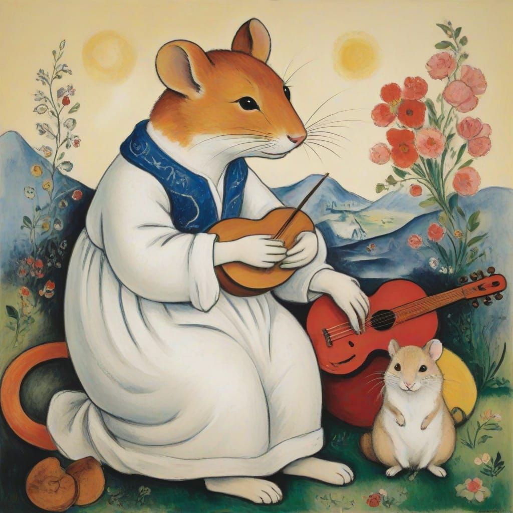 Mouse Finding Inner Peace in Chagall and Modigliani Style
