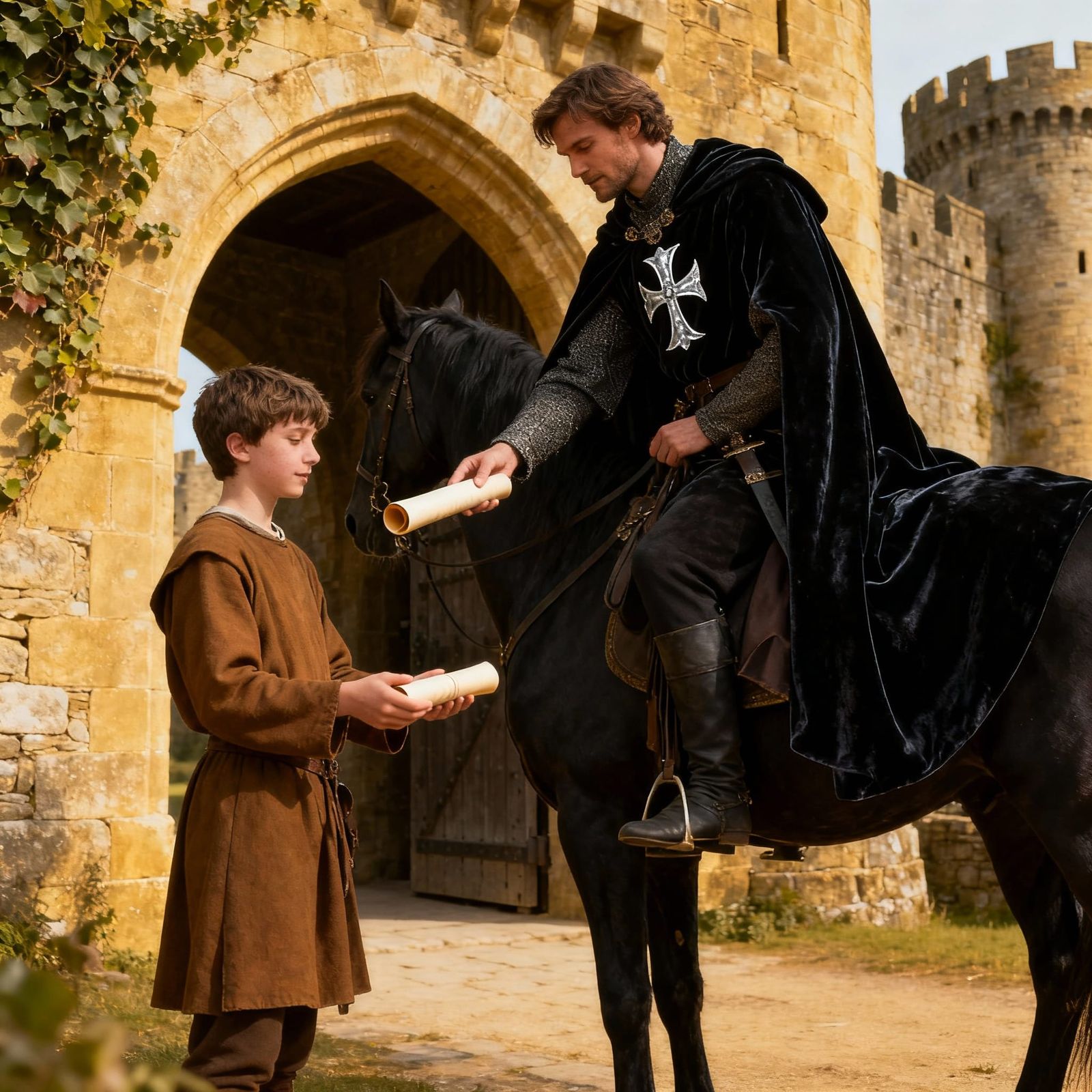 Medieval Servant Delivers Message to Lord on Horseback