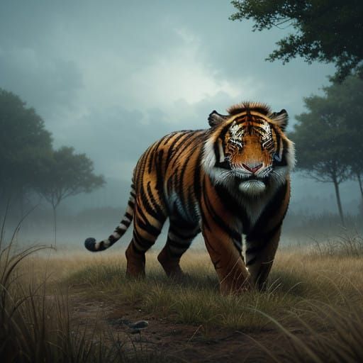 Surreal Sabertooth Tiger Emerges from Tall Grass in Cyberpun...