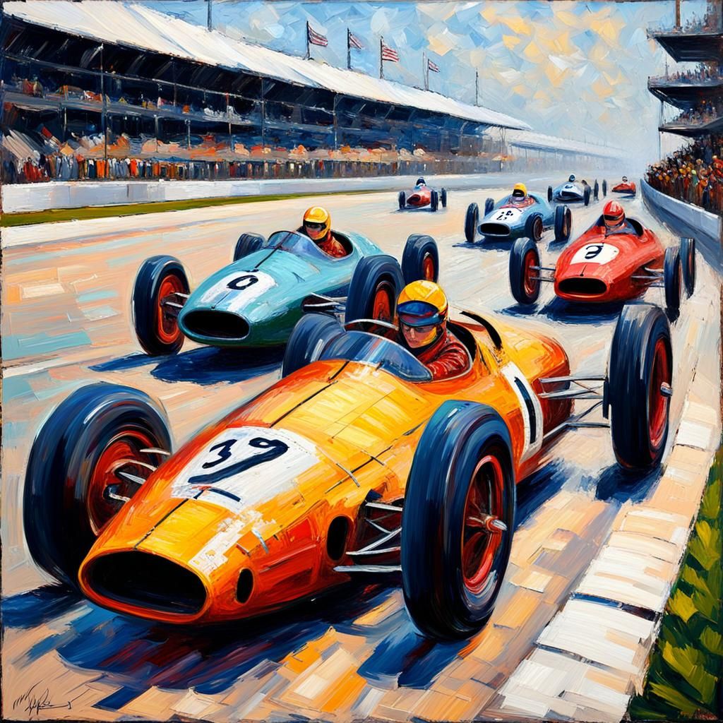 1960s Race Cars at Indy 500 as Impasto Painting