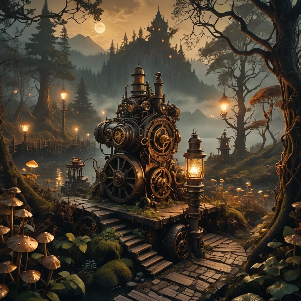 Steampunk Engine in Mystical Mushroom Forest Twilight
