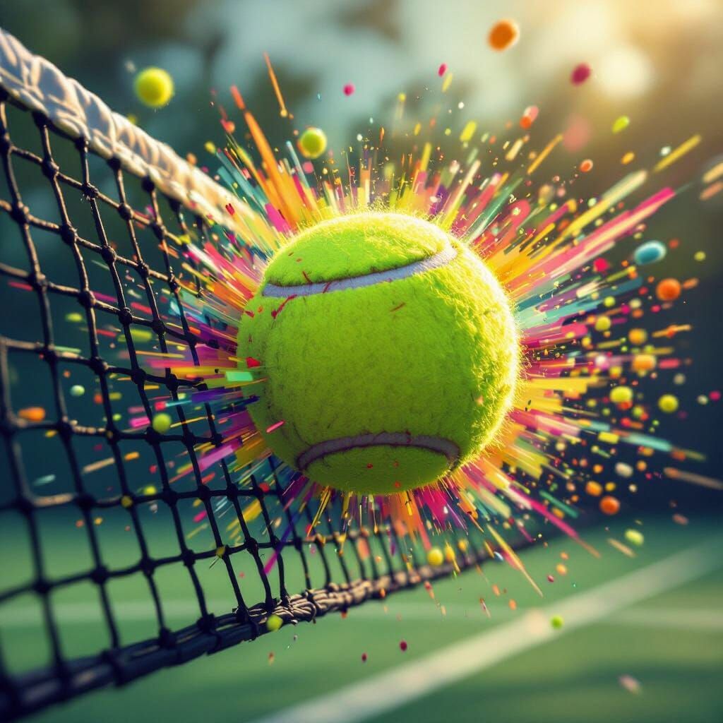 Tennis Ball Exploding into Colors, Hyper-Realistic Digital A...