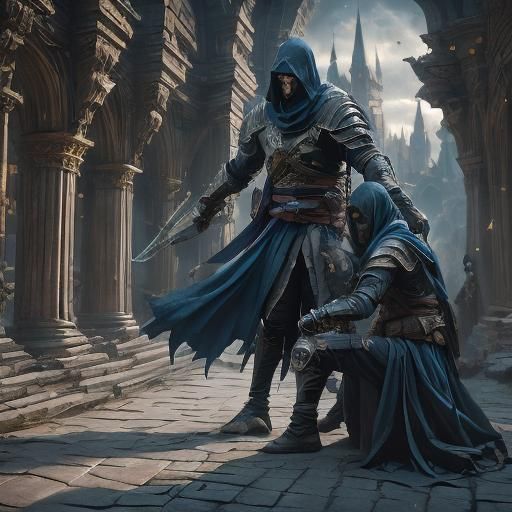 Fantasy Assassin with Luminescent Sword, Art Nouveau Style